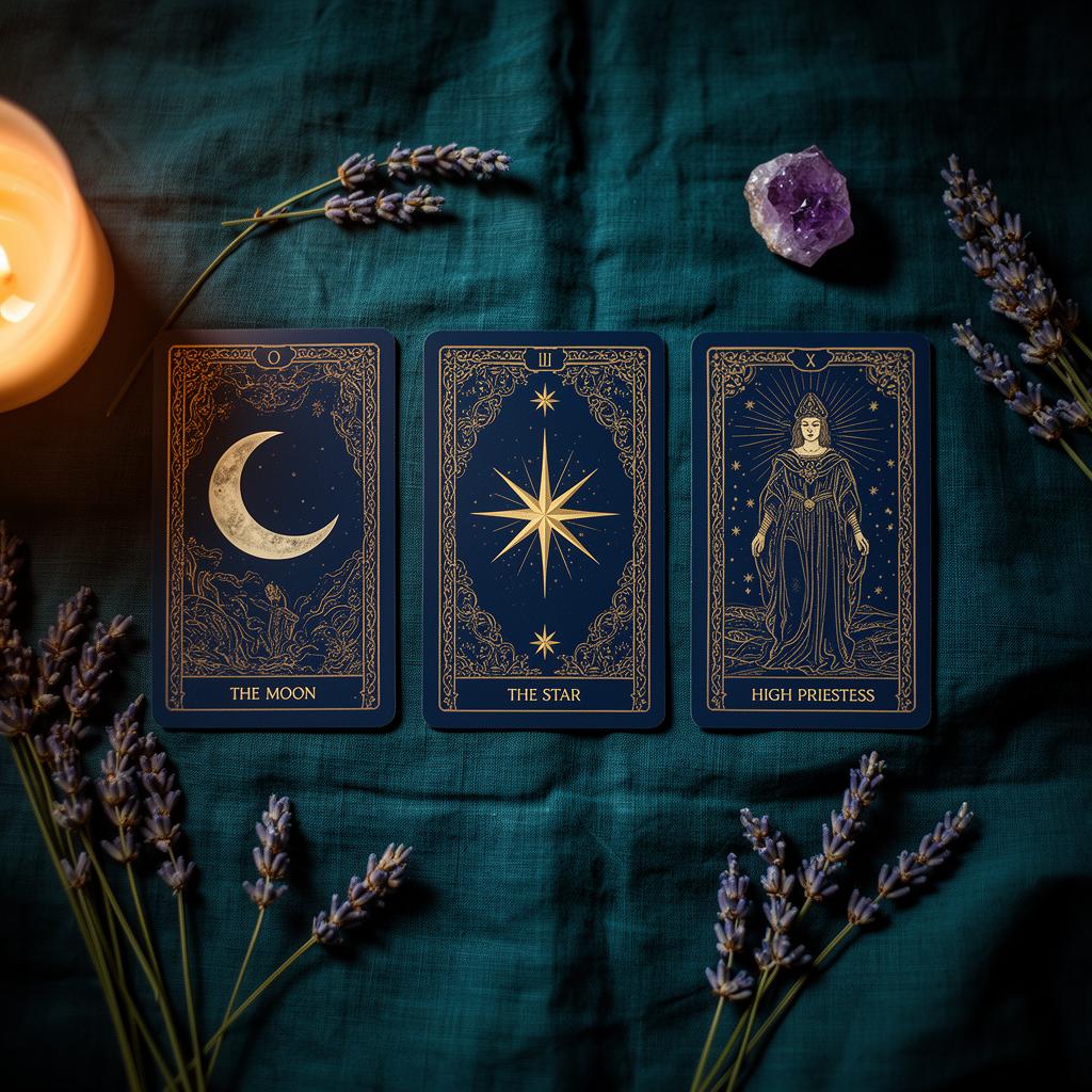 Three tarot cards on teal linen with lavender